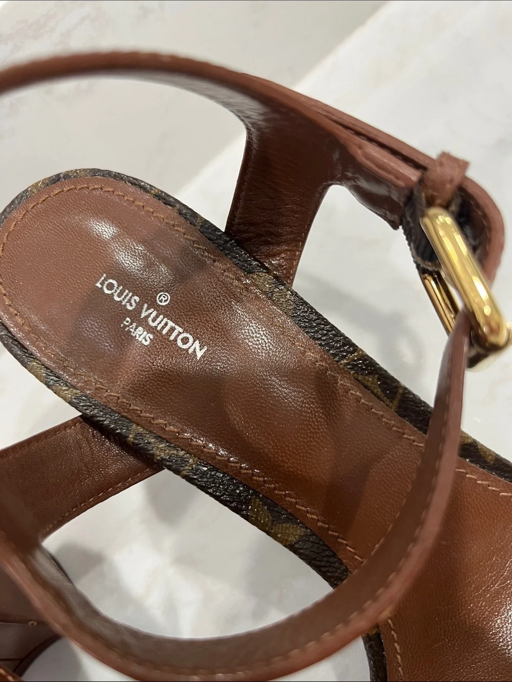 Louis Vuitton Brown & Gold Monogram Block Heel Sandals